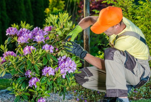 Garden landscaping team carrying out scheduled site works with equipment